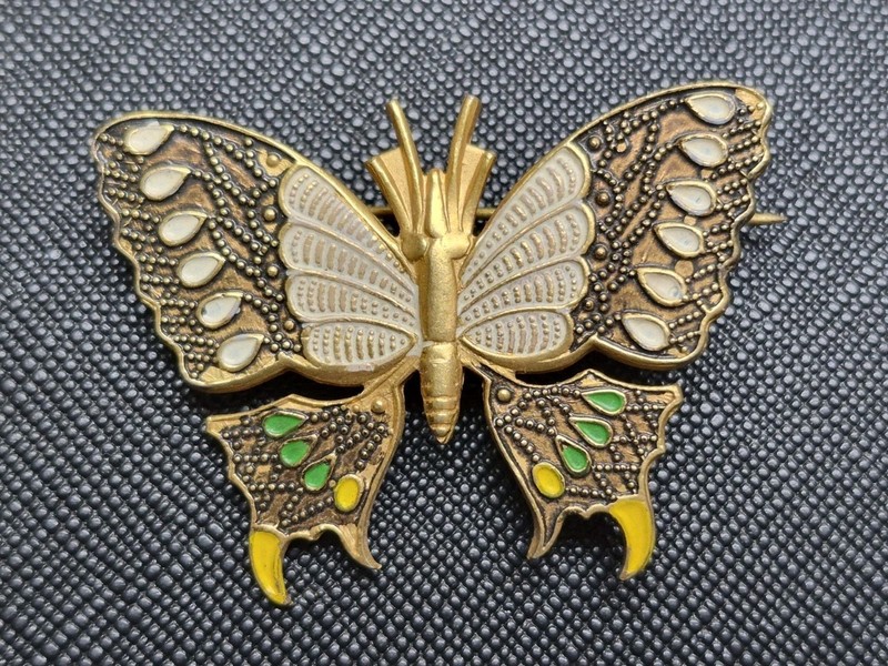Damascene Butterfly Brooch Gold & Silver Black Green Yellow Enamel Spain
