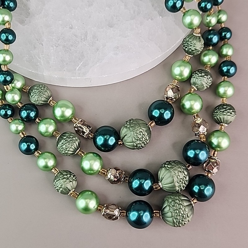 Vintage Beaded Necklace Green Triple Layered Acrylic Japan Choker 16" gallery