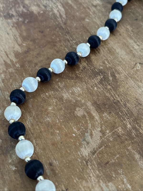 Vintage Satin Thread Bead Necklace Black White Silver Tone Spacers Long Strand gallery