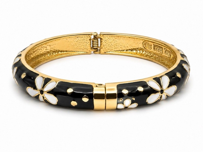 Black White Gold Tone Enamel Flower Thin Clamper Bracelet 7″Jiu Long Xing