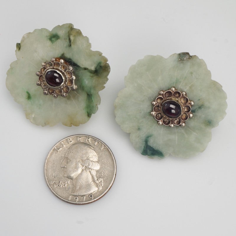 Antique Chinese Jade Garnet Clip Earrings Republic Era gallery