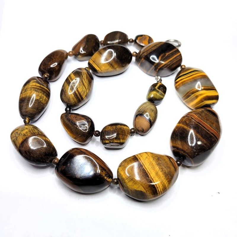 Vintage Tiger Eye Necklace Large Graduated Gemstone Beads Statement 20 inch