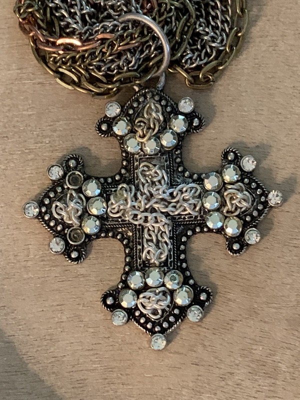 Vintage Multi Chain Mixed Metal Cross Statement Brutalist Necklace 21”s