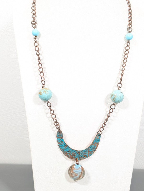 Western Boho Tribal Copper Tone Patina Curved Crecent Dichroic Glass Necklace
