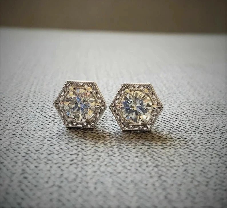 Art Deco Style Round Cut Lab Created Diamond 14K White Gold Finish Stud Earrings gallery