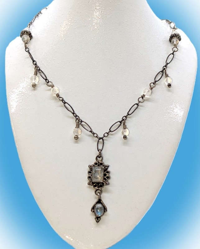 Vintage Sterling Moonstone Unique Chain Lariat Double Dangling Pendant Necklace