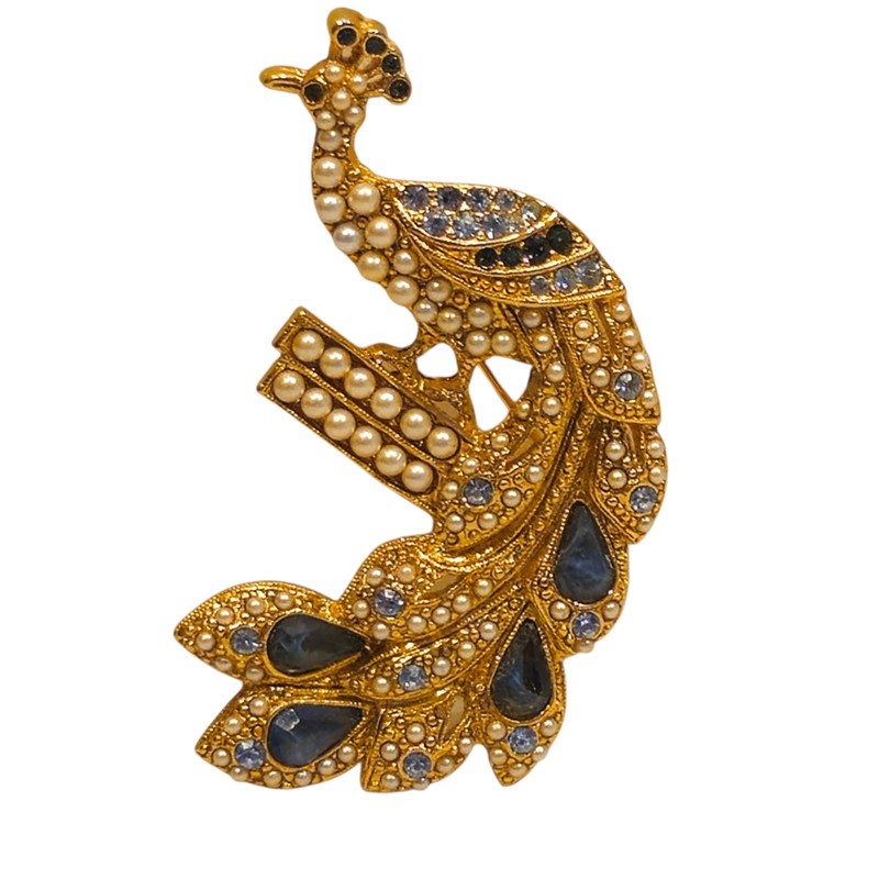 Vintage Style Elegant Rhinestone & Faux Pearl Peacock Bird Brooch Goldtone
