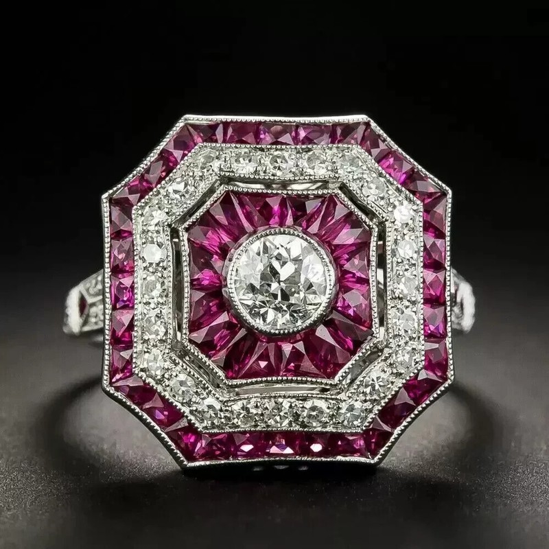Art Deco Style Round Cut Lab Created Diamond Ruby Wedding 14K White Gold FN Ring