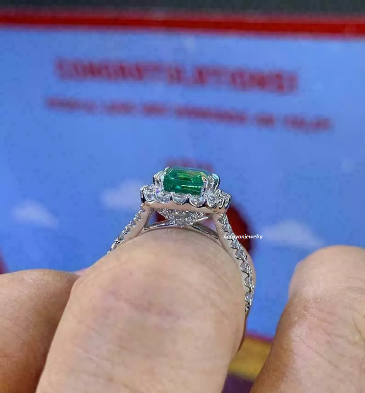 2Ct Emerald Simulated Green Emerald Halo Engagement Ring 14K White Gold Plated gallery