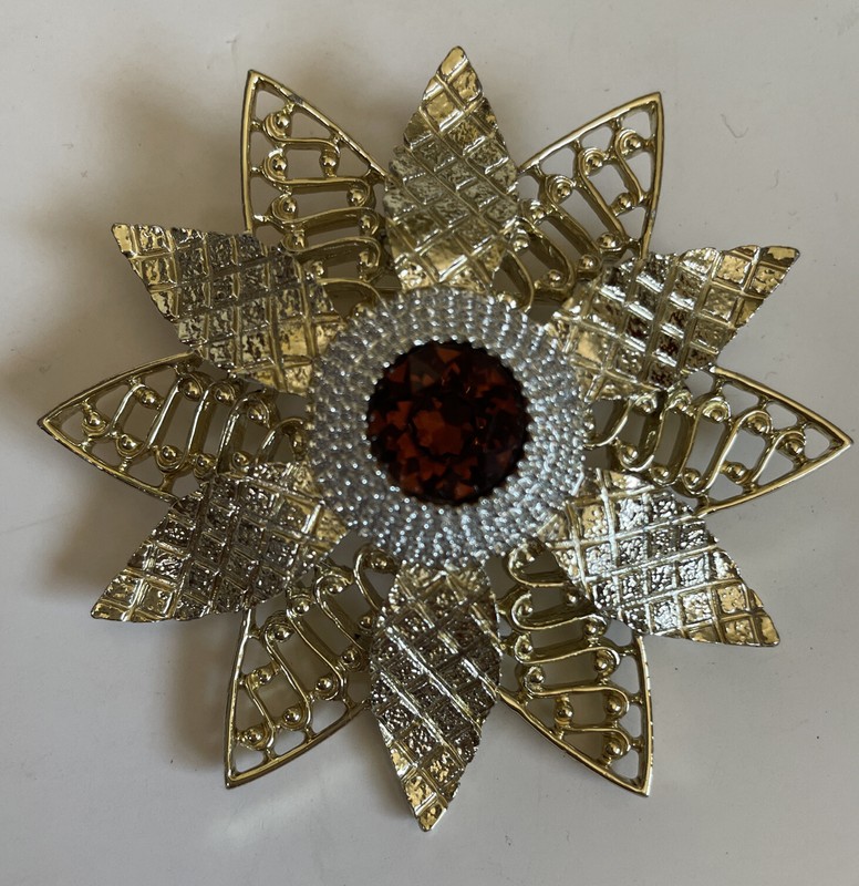 Vintage CATHE Brooch 2 3/4 In Wide Silver & Gold Rhinestone Amber-Hard to Find