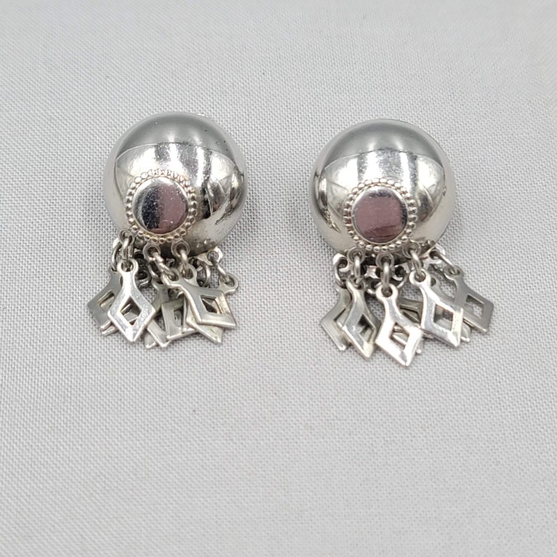Vintage Dangle Statement Clip on Earrings Silver tone Drop 1.25″