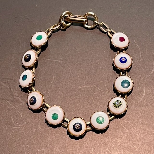 Vintage Evil Eye Bracelet Multicolor Glass Eyes Gold Tone Linked Protection