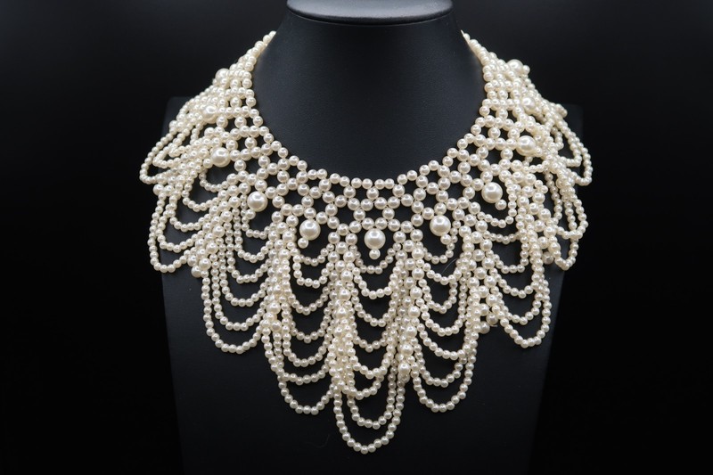 Vtg Multi-Layered Faux Pearl Bib Choker Fashion Statement Necklace or Collar gallery