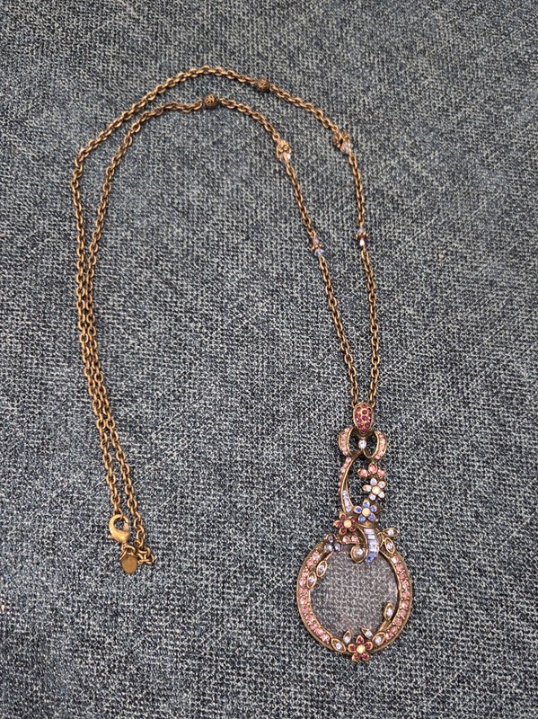 Large SWEET ROMANCE Rhinestone Floral Magnifying Glass Necklace Signed gallery