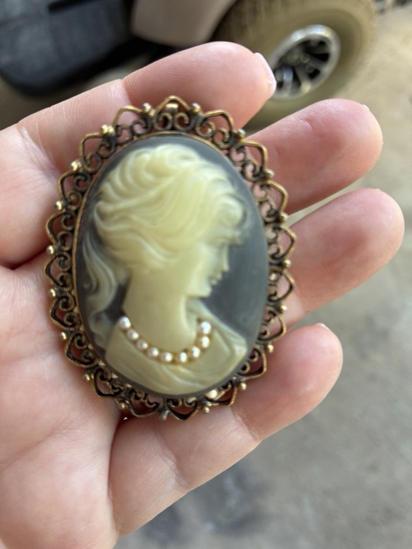 Oval Cameo Portrait Brooch Pin, Filigree Ornate Frame, Gold Cream Gray