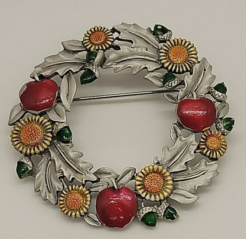 Vintage enamel JJ Jonette Autumn wreath w/ leaves apples sunflowers brooch pin