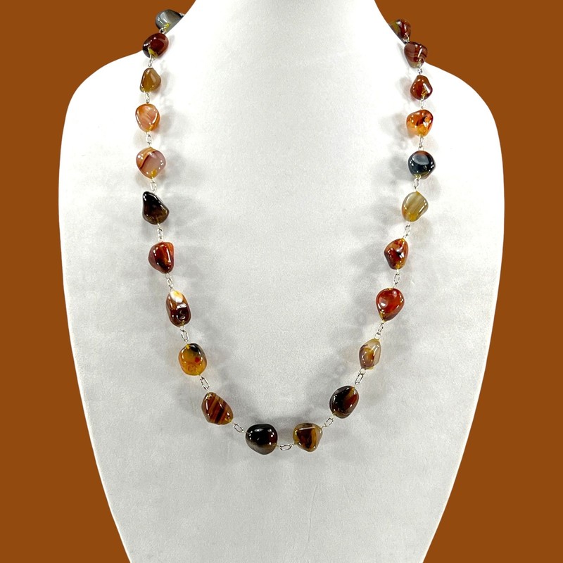 Polished Agate Necklace Continuous Strand Bead Link Vintage Natural Stone