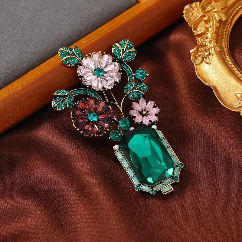 Large Vintage Crystal Rhinestone Flowers in A Green Vase Brooches Pins for Women gallery