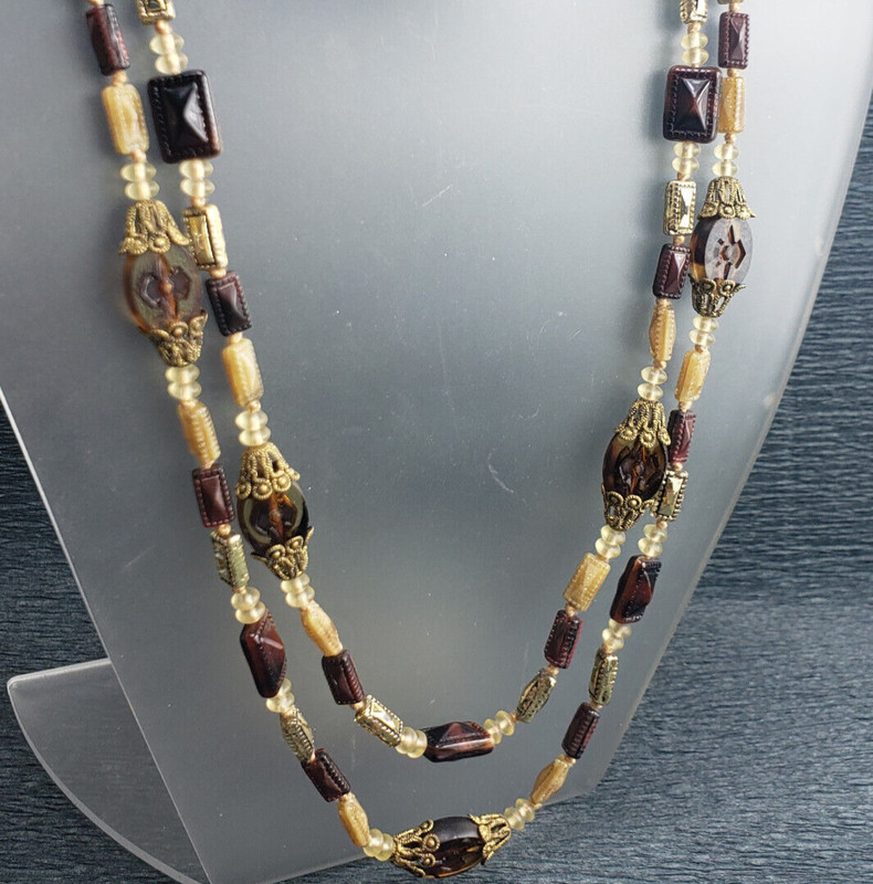 West German Molded Intaglio Tan Sparkle Brown Glass Bead Knotted Dble Necklace gallery