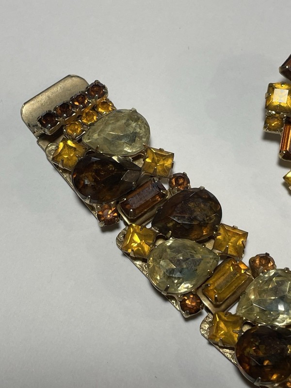 Vintage 1950s Julianna Amber & Brown, Gold Rhinestone Bracelet , Earrings Repare gallery