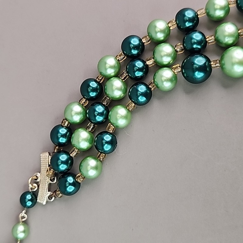 Vintage Beaded Necklace Green Triple Layered Acrylic Japan Choker 16" gallery