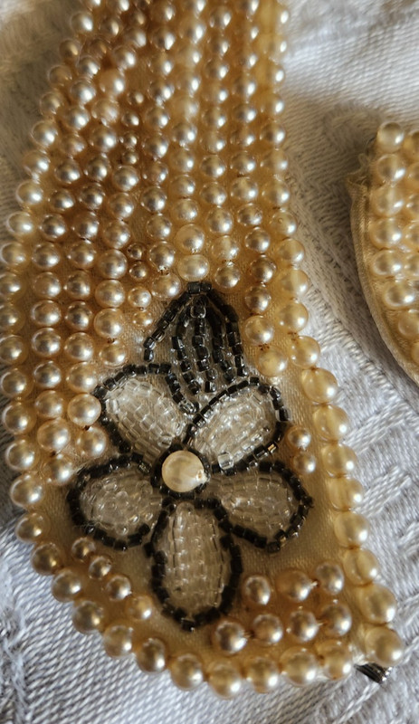Vintage Handmade Faux Pearl Collar Choker With Floral Seed Beads Satin Backing gallery