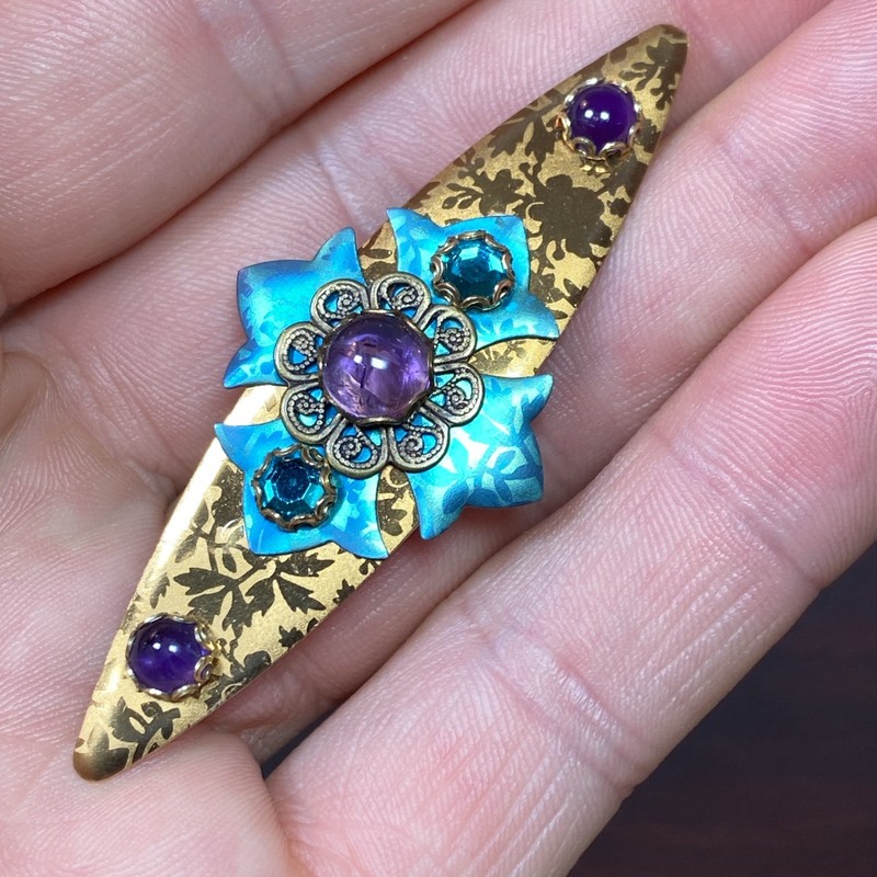 Vtg Victorian Style Art Nouveau Brooch Copper Turquoise Aqua Purple Rhinestone