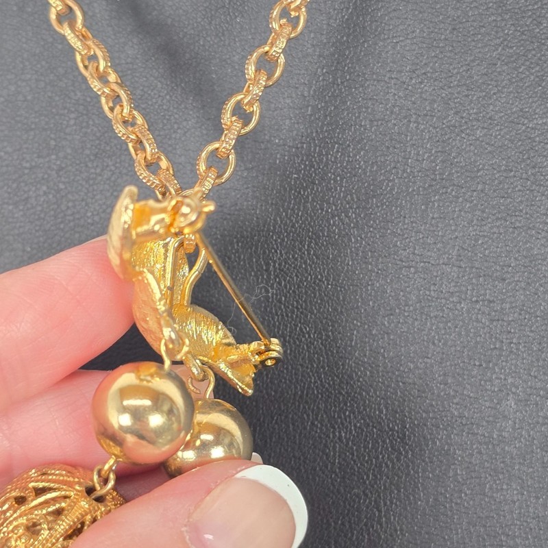 Vintage Gold-Tone Statement Brooch Textured Dangle Necklace W/ Chain Tassels gallery