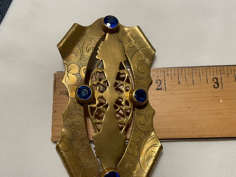 Large Ornate Victorian Brooch Light Sapphire Glass Brass Antique C-clasp Pin gallery
