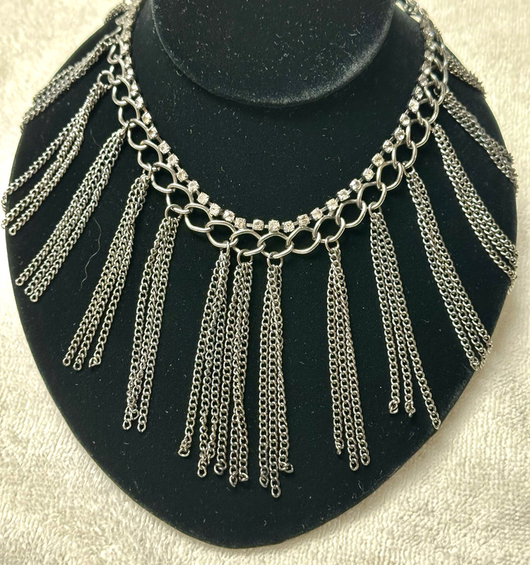 Silver Tone Chain Necklace Tassel Bib Rhinestone Accents n956