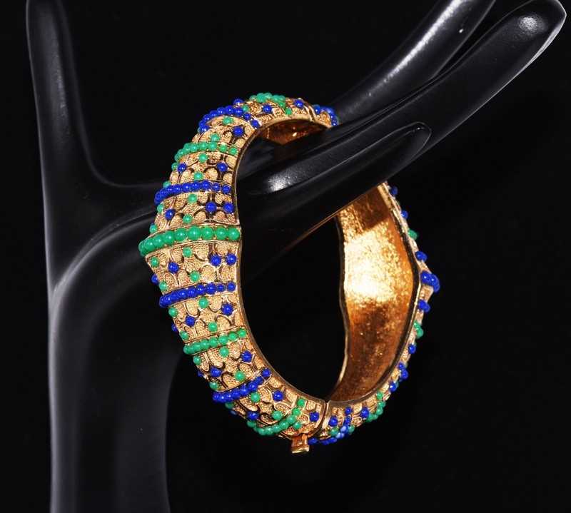 Sublime BOUCHER Navy BLUE and Forest GREEN Beaded GOLDTONE BANGLE Bracelet gallery