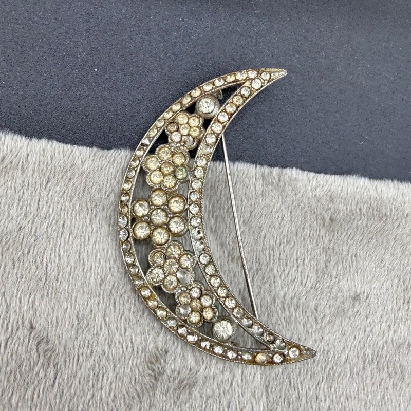 Vintage Rhinestone Brooch Silver Tone Crescent Moon