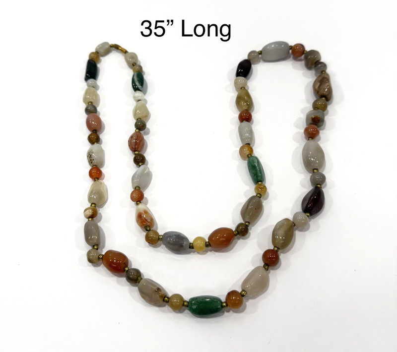 Vintage Multi Gemstone Nugget Bead Necklace 35″ Brass Spacers Mixed Agate Jasper
