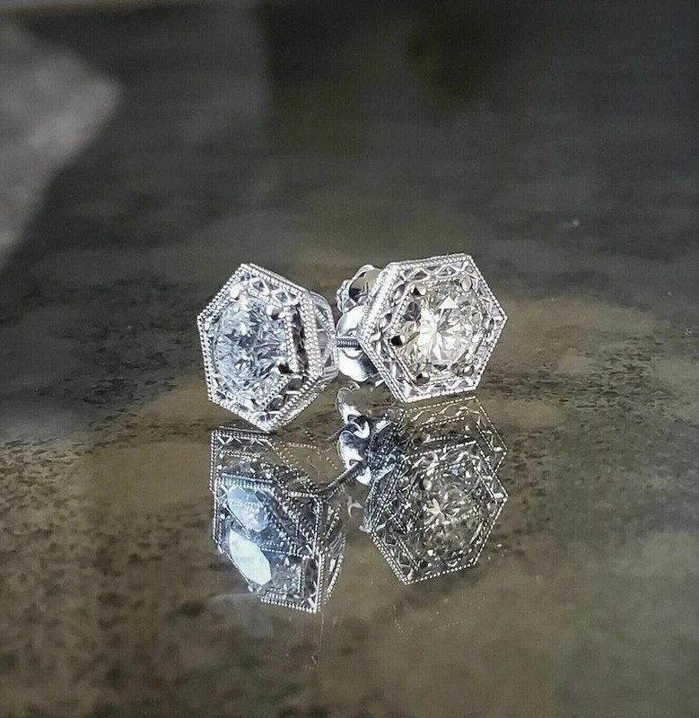 Art Deco Style Round Cut Lab Created Diamond 14K White Gold Finish Stud Earrings gallery