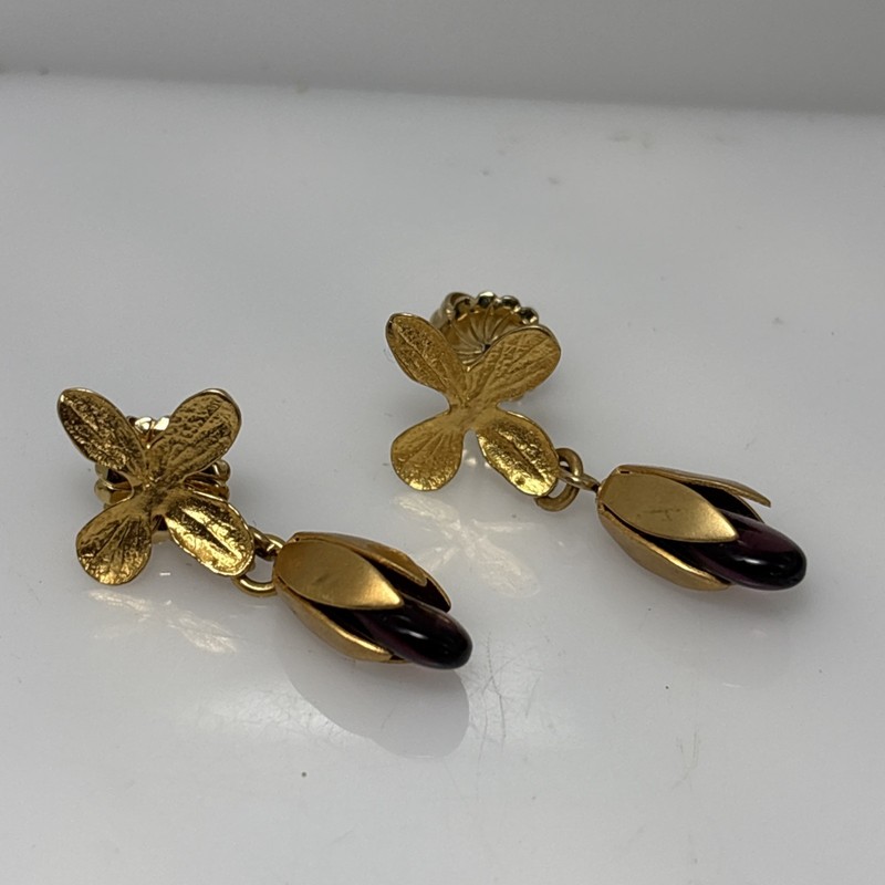 Vintage CELIA LANDMAN Gold Tone Leaf Orchid Dangle Post Earrings SIGNED 5F