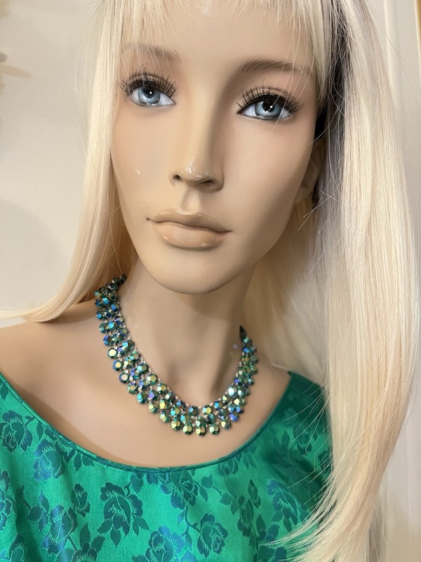 Vintage 3 Strand Peacock Green/Blue Aurora Borealis Crystal Necklace Not Signed gallery
