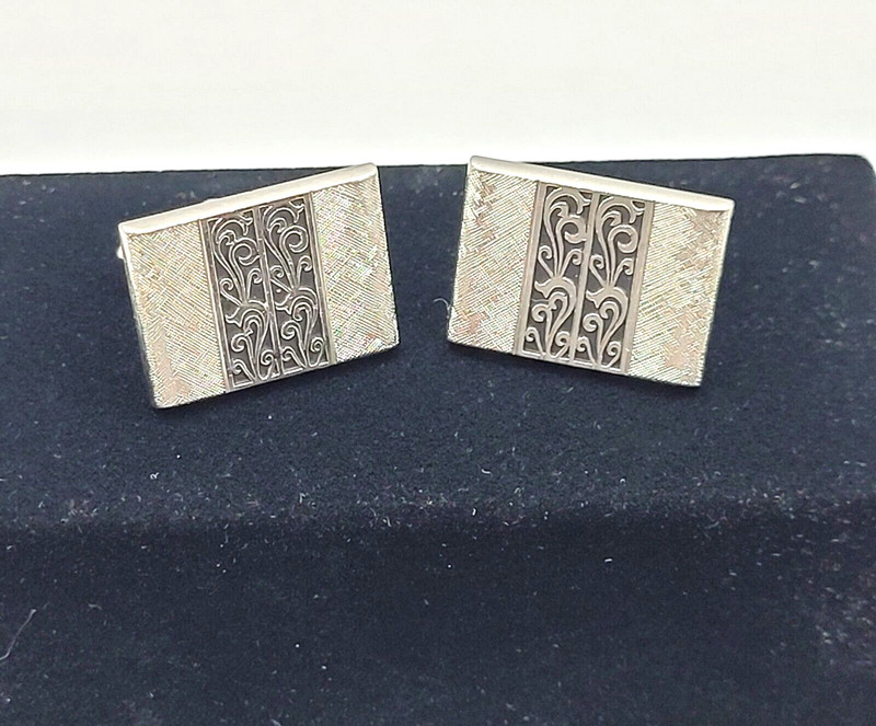 SWANK Vintage 1970 to 80s Silver Tone Textured Finish Filigree Center Cufflinks gallery