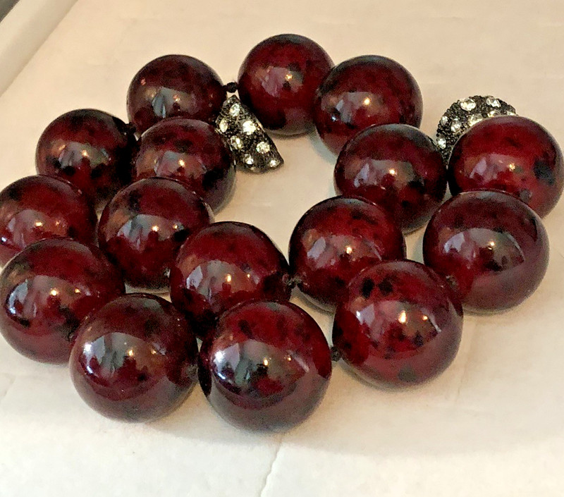 Vtg Dyed Coral Necklace 18 In., 24 mm Large Beads, Rhinestone Magnetic Clasp gallery