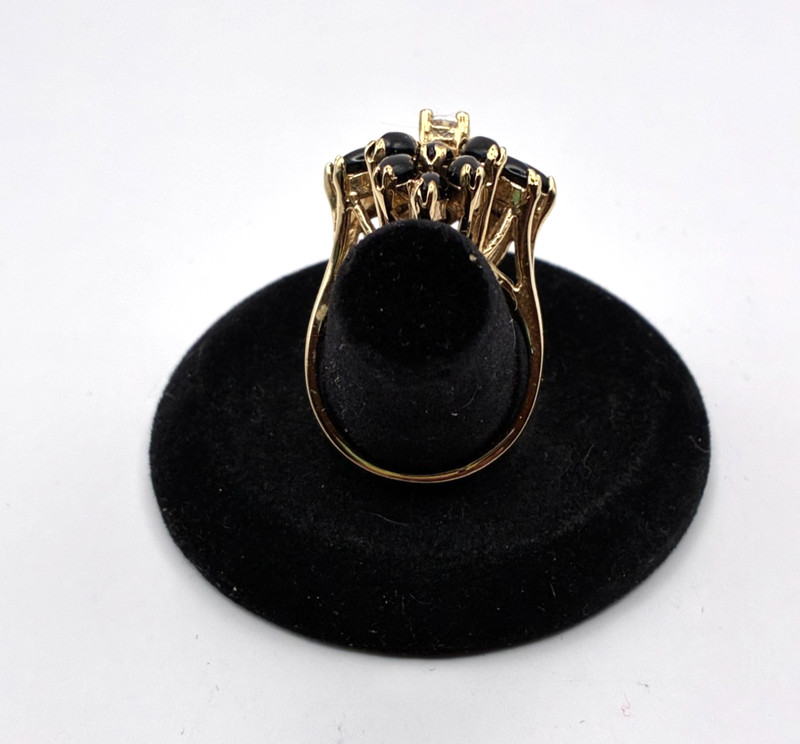 Vintage ONYX & CZ Sterling Vermeil Ring-Sz 8-925+Hallmarks-Marquis Cabochons gallery