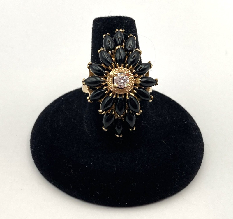 Vintage ONYX & CZ Sterling Vermeil Ring-Sz 8-925+Hallmarks-Marquis Cabochons gallery