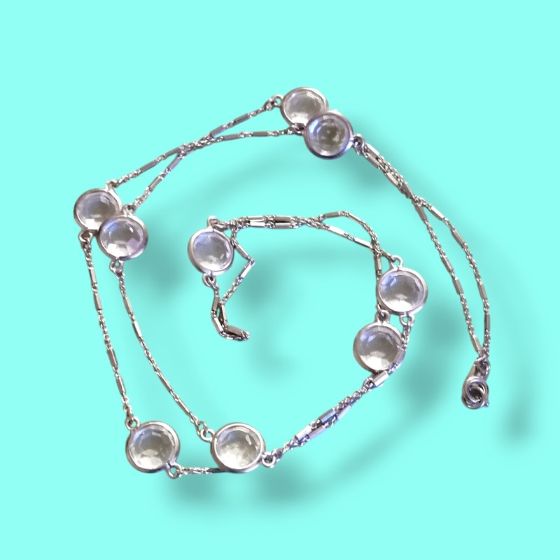 Vintage 32in Bezel Set Crystal Glass Necklace Silver Tone Bar Chain