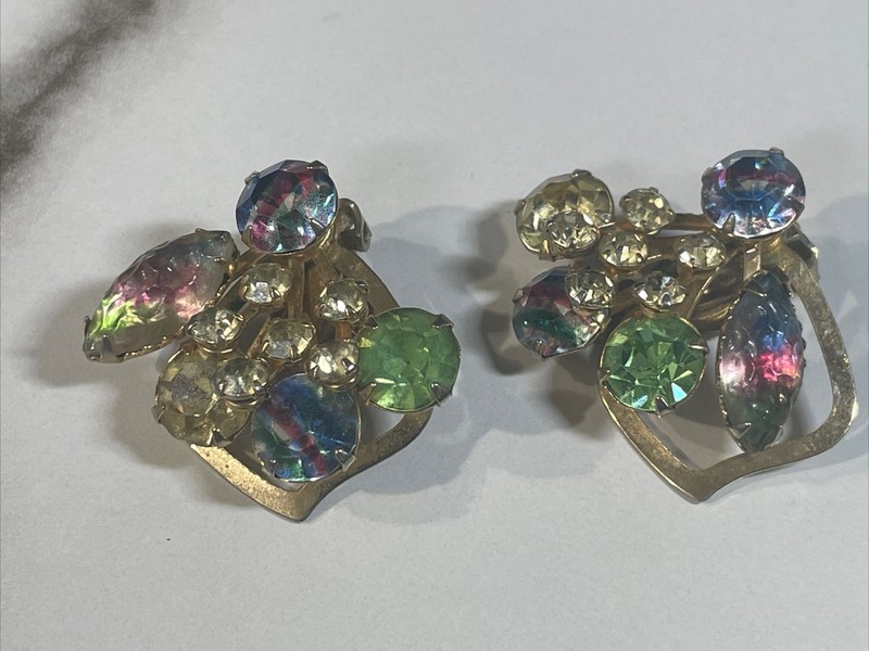 Rainbow Striped Iris Rhinestone Vintage Clip On Earrings Bon15-5