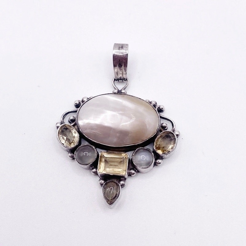 Sterling Silver Pendant with Mother of Pearl Citrine Moonstone 1995 gallery