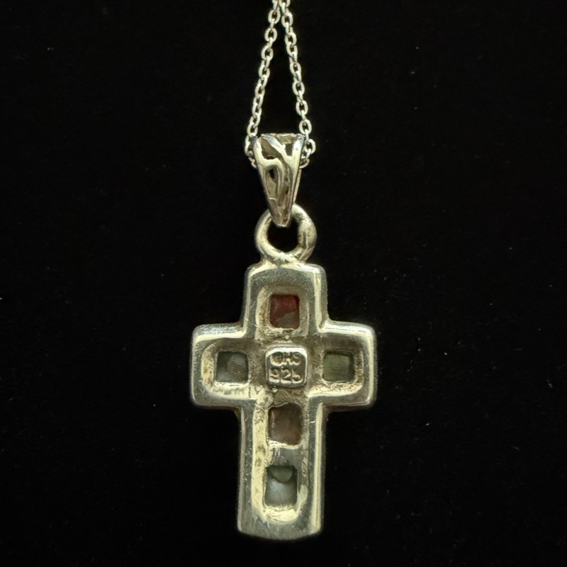 Vintage Cross Pendant Necklace Sterling Silver Turquoise Colorful Rainbow Stones gallery