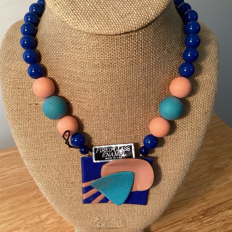 Fired Glass Enamel Pendant Beaded Blue Peach Turquoise Retro Free Ship Vtg.