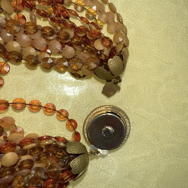 Vintage 18 Strand Amber Brown Toned Disc Beaded Choker Necklace Gold Tone Clasp gallery