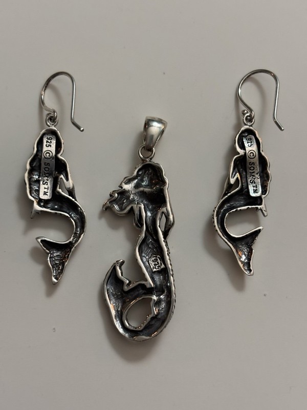 Vintage Retired SOM'S Sterling Silver Mermaiid Pendant and Earrings Set NOS RARE gallery