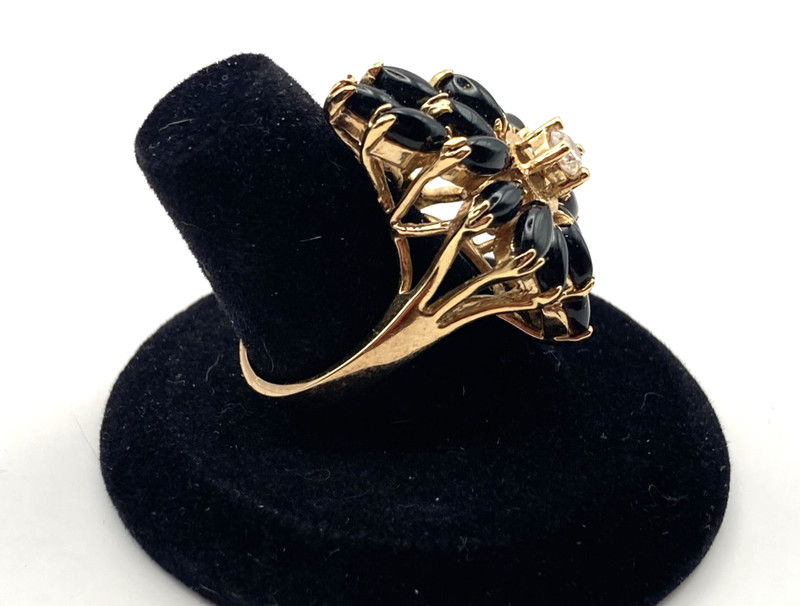 Vintage ONYX & CZ Sterling Vermeil Ring-Sz 8-925+Hallmarks-Marquis Cabochons gallery
