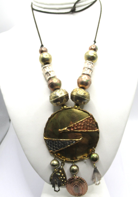 Mixed Metal Brass Pendant and Plastic Beads Boho Necklace