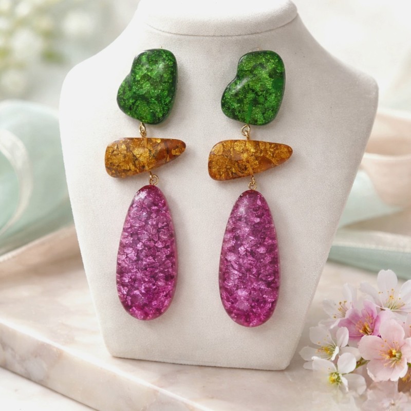 Confetti Lucite Earrings Pink Green Gold Flakes Pierced Large Chunky Dangle